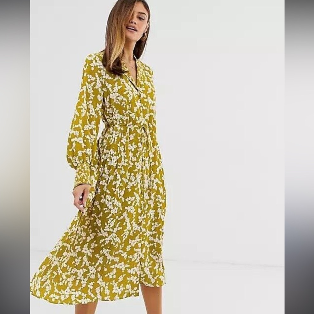 FRENCH CONNECTION NWOT FLORAL PRINT TIE WAIST HI-LOW MIDI SHIRT DRESS US 2
